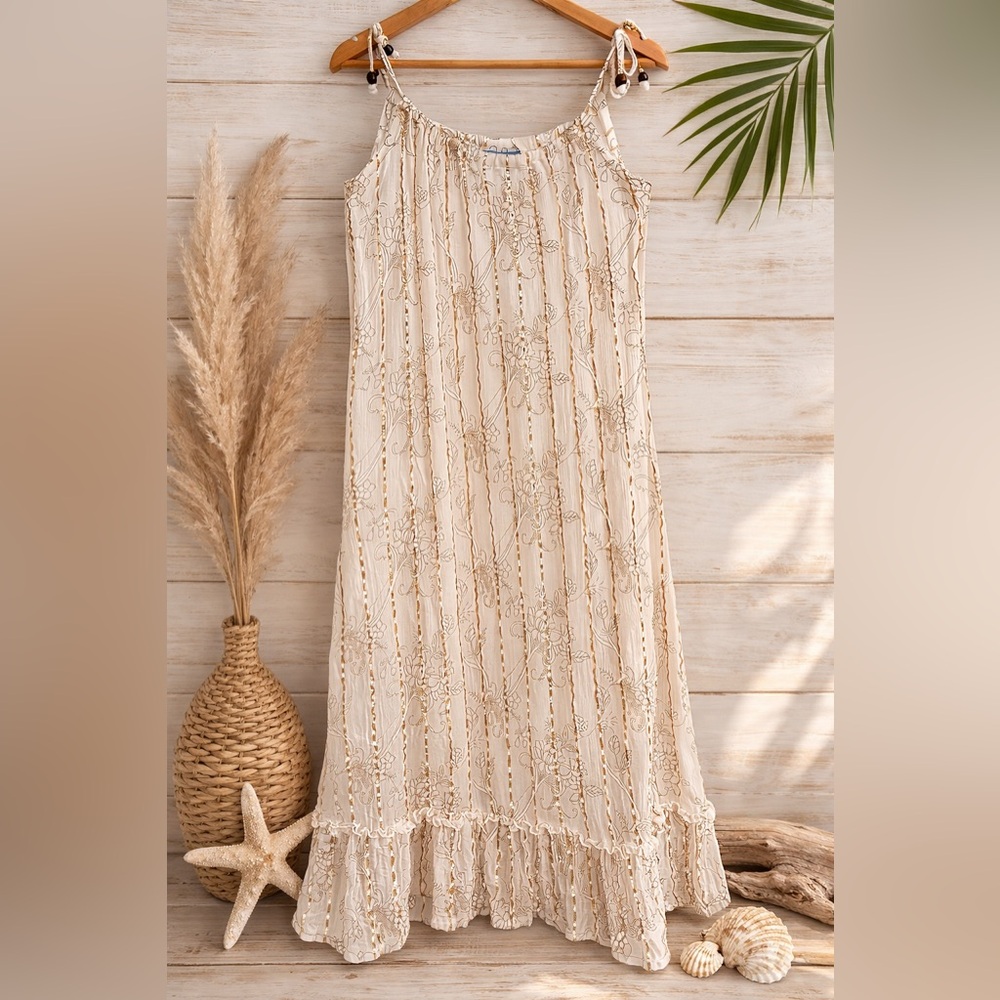 Quik Surfer Boho Cream Gold Floral Stripe Sundress Adjustable Strap Beach Dress - Picture 3 of 5
